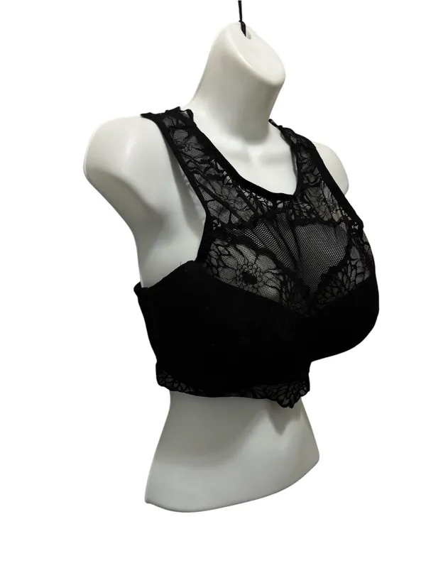 Pink Victoria’s Secret Black Lacey Bralette Sz L-DD Underwire Padded Logo Bar - Image 2