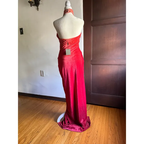 JLUXLABEL | Orange to Red Ombre Velvet High Neck Halter Draped Maxi Dress Small - Image 3