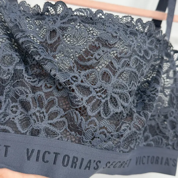 Victorias Secret Logo Band Lace‎ Bralette Dark Grey Floral Scalloped Large L/G - Image 3