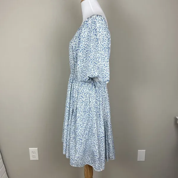 Mikarose Dress Womens Large Blue Floral Puff Sleeve Milkmaid Smocked Pockets‎ L - Image 10