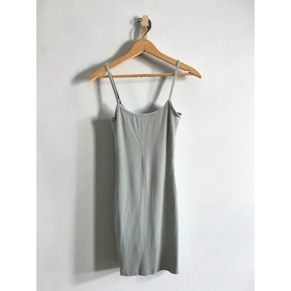 SHAPER Sage Green Ribbed Bodycon Mini‎ Dress Built-In Shorts Size Medium - Image 2