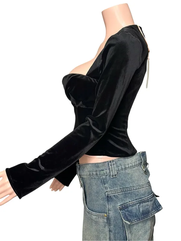 HOUSE OF CB Sierra Long Sleeve Plunge Corset, Black Velvet, XS - Image 6