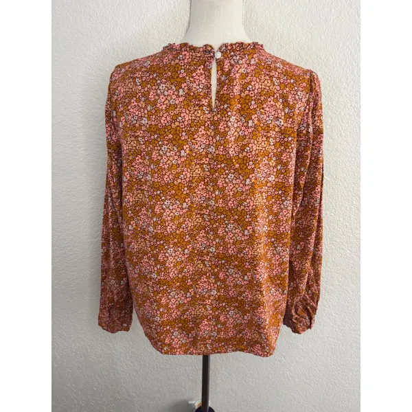 Universal Thread Floral Blouse L Excellent Ruffle Neck Long Sleeve Rust Multi - Image 2