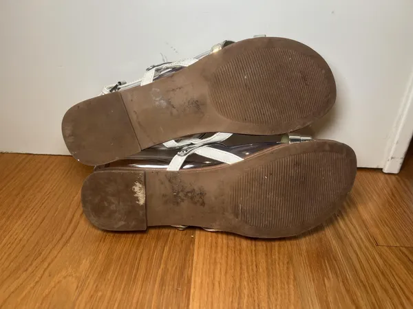 Steve Madden Sandals Womens Silver Metallic White Strappy Slingback Open Toe - Image 7