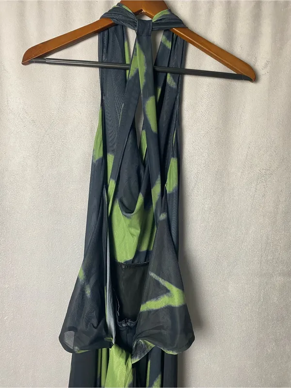 Faeriesty Dramatic mermaid Black Green Camo Halter neck Printed Maxi Dress S - Image 9