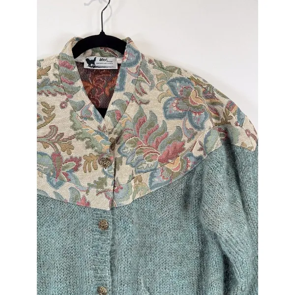 VINTAGE Woof Womens Cardigan Green Floral Folk Tapestry Wool Sweater 90s Large - Image 7