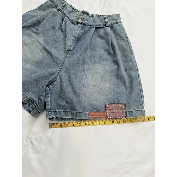 Vintage High Waisted Denim Shorts Pleated Acid Wash Patchwork Boho Jean Size M - Image 12