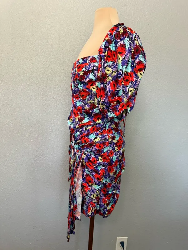 For Love & Lemons Chiara Purple Floral Ruched Puff Sleeve Mini Dress Size Medium - Image 6
