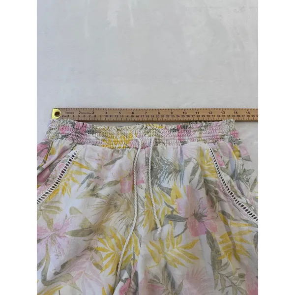 Briggs Womens Tropical Floral Linen Blend Smocked Shorts Pink Yellow Medium - Image 3