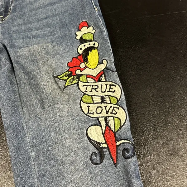 Ed Hardy Flare Jeans Womens 26 True Love Dagger Love Eternal Embroidered Y2K - Image 6