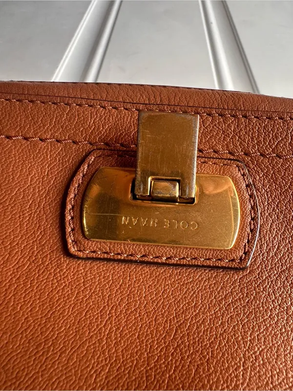 Cole Haan Valise Jenna Cognac Leather Crossbody Shoulder Bag Turn Lock Purse - Image 6
