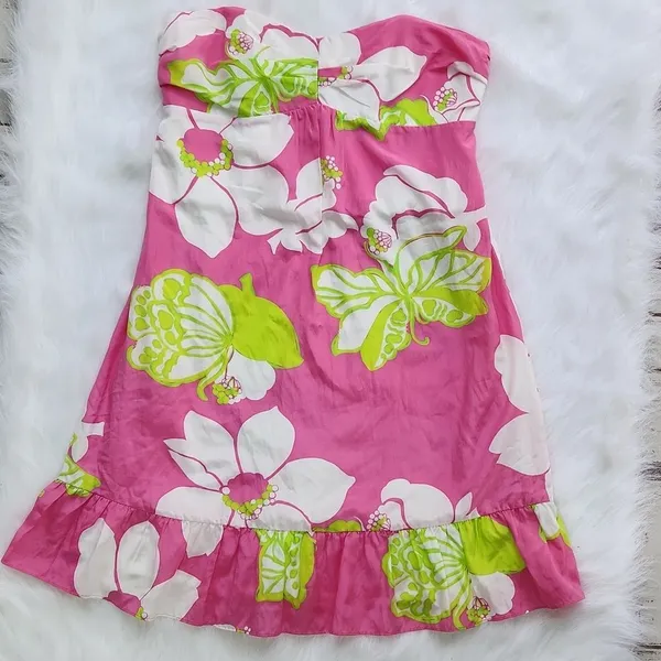 Lilly Pulitzer Blair Silk Dress strapless Ruffle hem‎ in Hot Pink size 6 Small - Image 5