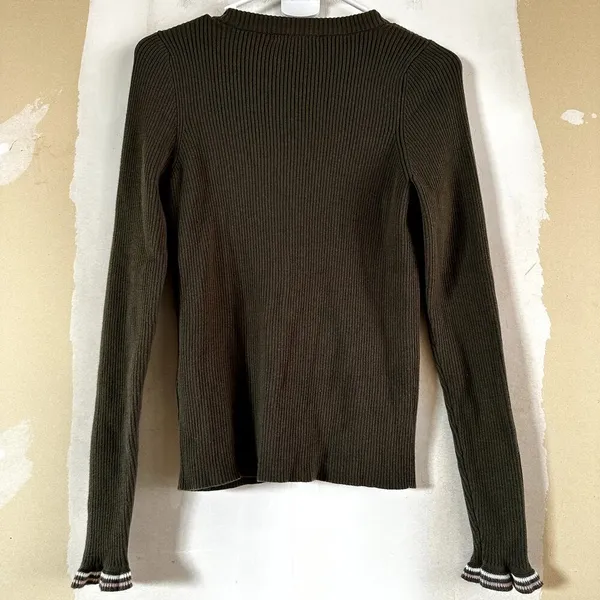 Madewell Ruffle Cuff Henley Sweater Ribbed Knit Pullover Slim Fit Green Medium - Image 6