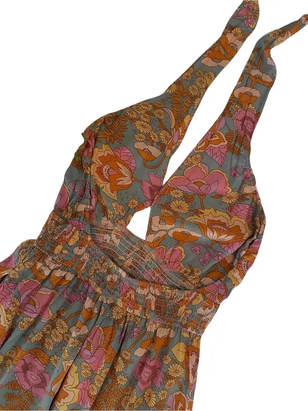 ZESICA Boho Retro Floral Halter Maxi Dress Pink Orange Tiered Sun Dress Large - Image 11