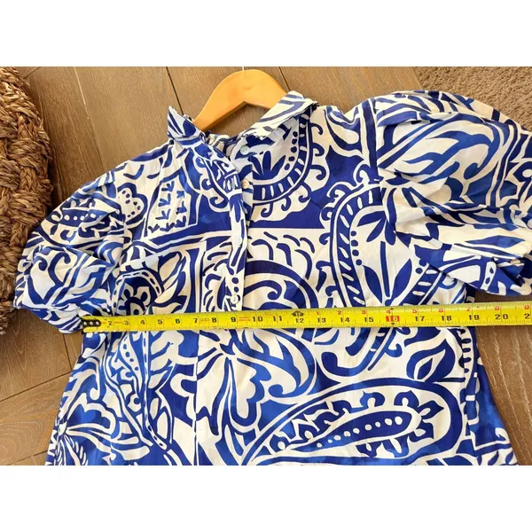 MSK Shift Shirt Dress Womens Blue White Paisley Puff Sleeve M - Image 5