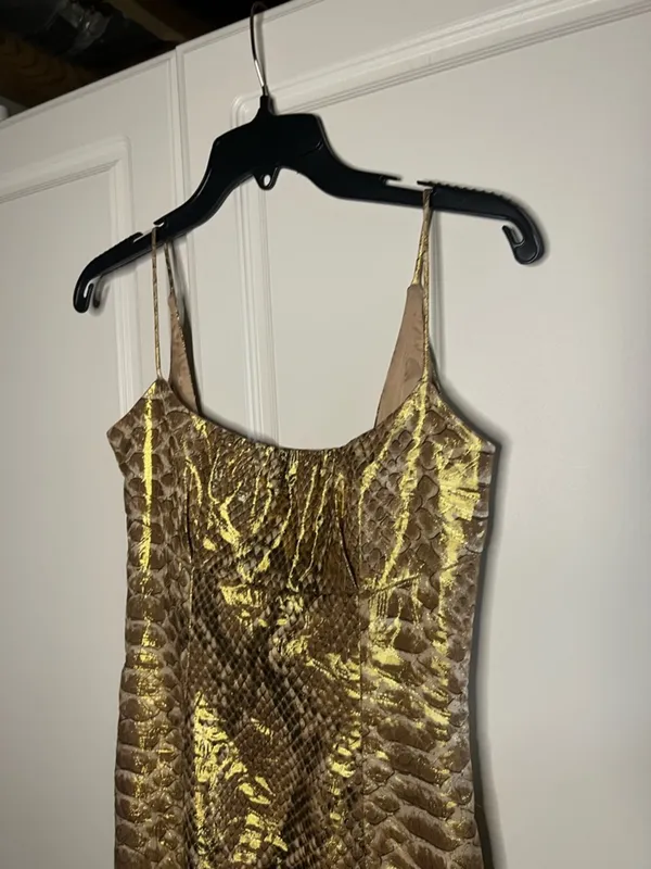 Vintage Y2K Tracy Reese Silk Gold Metallic Snakeskin Mini Party Dress - Image 4