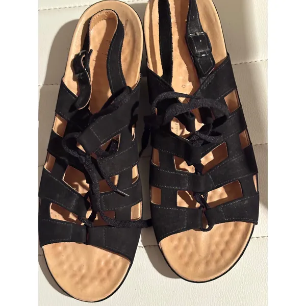 VITAL Black Suede Lace‎ Up Wedge Sandals Women's Size 38 US 7.5 Made in Austria - Image 2
