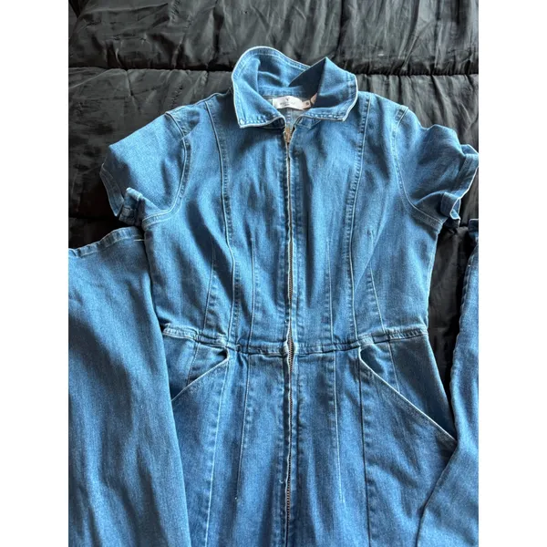 WILDGAT Denim Jumpsuit Medium Wash Short Sleeve Flare Leg Zip Front Blue Small - Image 8