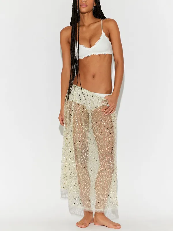 Free People Sequin-Embellished Shine On Midi Slip Skirt in Pale Gold - Image 3