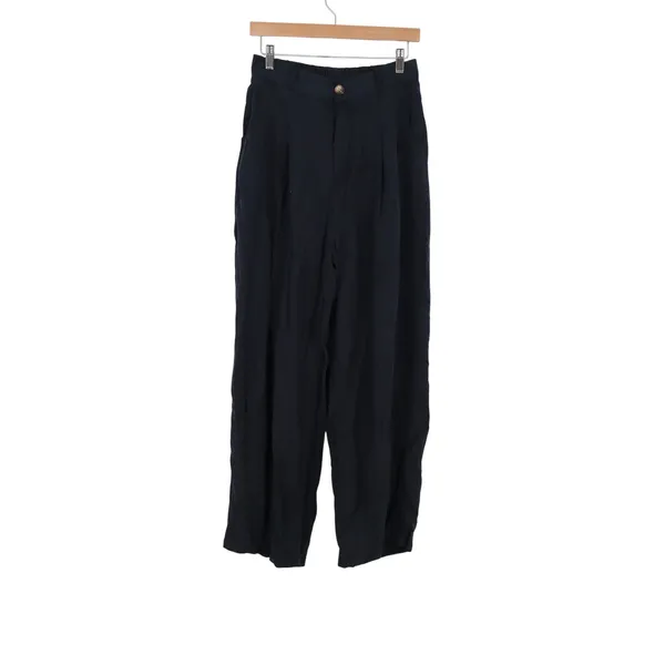 Navy Blue Wide Leg Pleated Trousers High Waist Elastic Back Pants Size L - Image 2