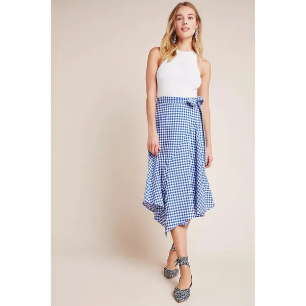 Maeve by Anthropologie Blue Gingham Wrap‎ Midi Skirt Size 2 Tie Waist - Image 3