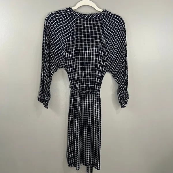 Maeve Anthropologie Dress Womens Small Navy Blue Great Plaid Smocked Tie Waist - Image 6
