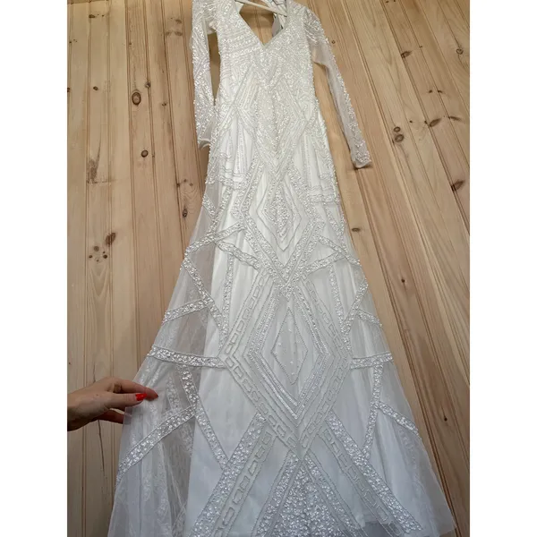 NWT Lulus Deedra White Sequin Beaded Backless Maxi Dress Wedding Bridal Bride M - Image 9