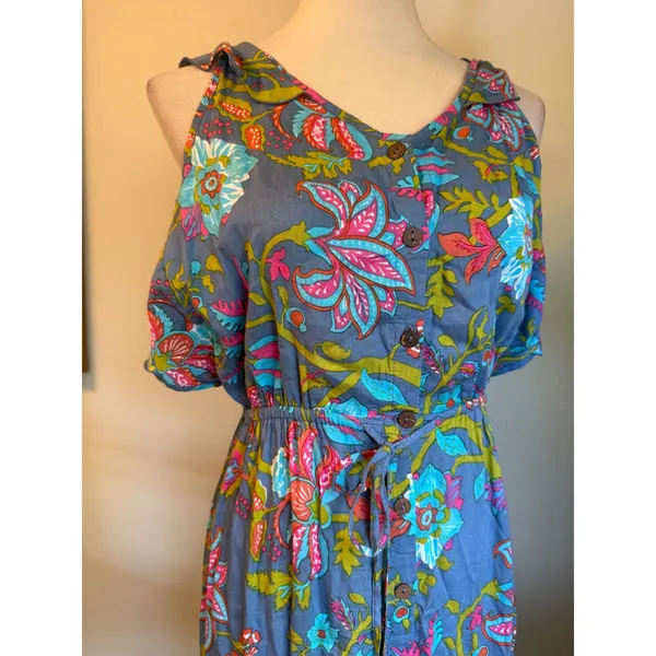 Tiare Hawaii Floral Maxi Dress Blue Pink Boho Open Button resort beach tropical - Image 2