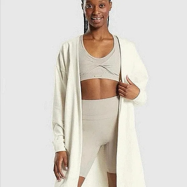 Gymshark White Long Sleeve Knit Mid Length Open Cardigan Sweater Top Size M - Image 3