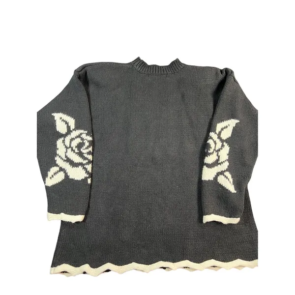 Vtg 90s Grandma Sweater L Black‎ Floral Ramie Cotton Textured Patchwork Cottage - Image 2