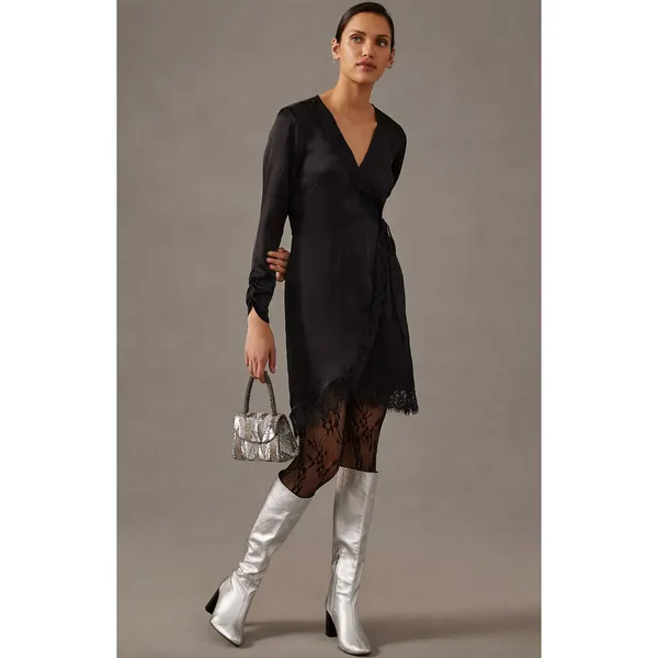 Anthropologie Lace Trimmed Wrap Dress Viscose Satin Long Sleeve Black XS NWT - Image 4