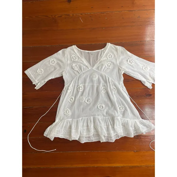 Antica Sartoria White Cotton Gauze Floral Applique Boho Cover Up Free Size (M/L) - Image 3