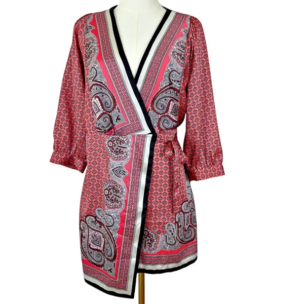 Zara Kimono Wrap Dress MEDIUM Tie Pink Black Paisley Silky 3/4 Sleeve - Image 3