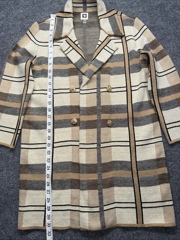 Anne Klein Plaid Double-Breasted Pea Coat in Cream & Tan - Image 4