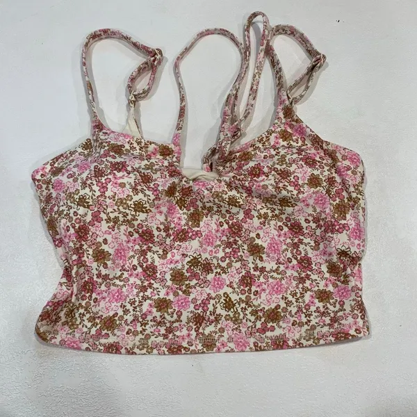 JoyLab Floral Longline Sports Bra Small Pink Brown Strappy Yoga Crop Top - Image 3