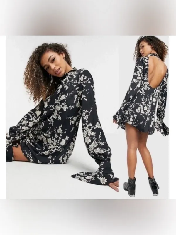 Free People Black Floral Open-Back Long-Sleeve Mini Dress - Image 2