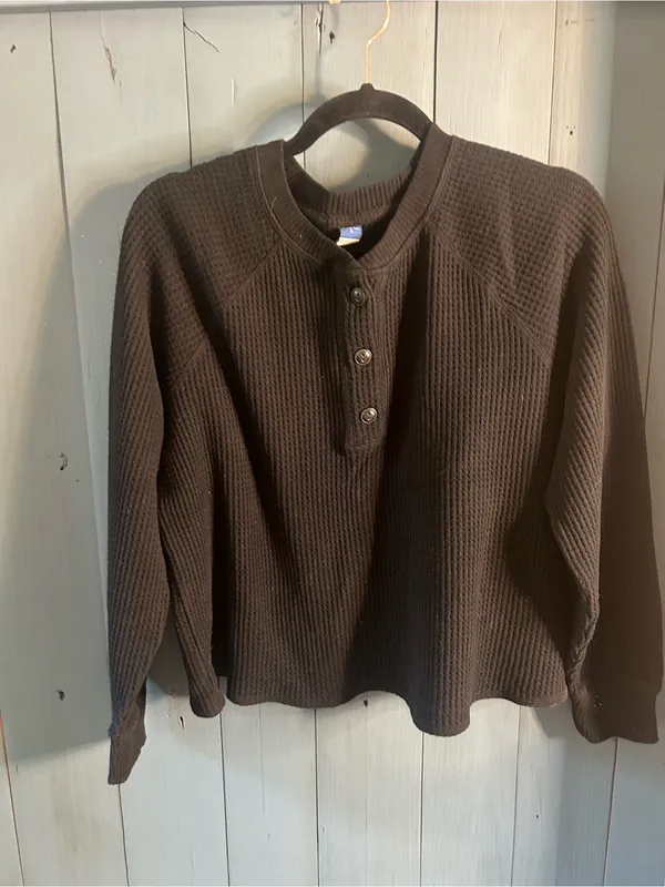 Old Navy Black Crewneck Long Sleeve Waffle Henley Tee | Size Medium - Image 6