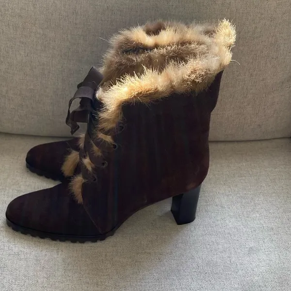 LOFT Chocolate Fur-Trimmed Heeled cozy Boots suede 7 - Image 8