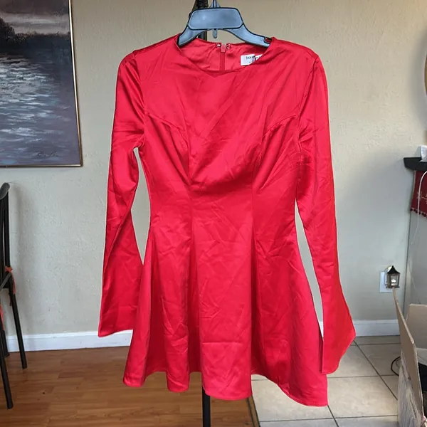 House of CB Sacha Red Satin Mini Dress‎ Long Flare Sleeve Bodycon Womens S - Image 6