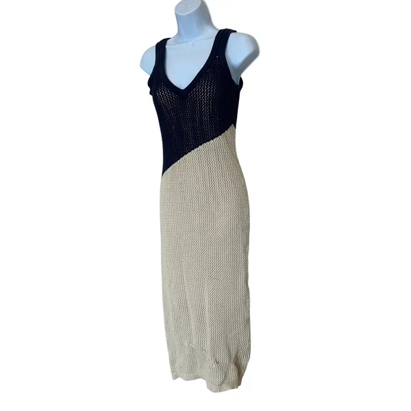 Toccin Blue Cream Crochet Midi Tank Dress SMALL Colorblock Knit Vacation $325 - Image 10