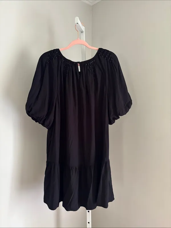 LOFT Smocked Pleated Flounce Dress Black Short Puff Sleeve Babydoll Dress Sz XL - Image 5