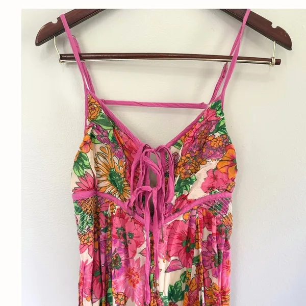 Free People Pink Floral Lace Up Empire Waist Dream Weaver Maxi Dress Sz Med - Image 5