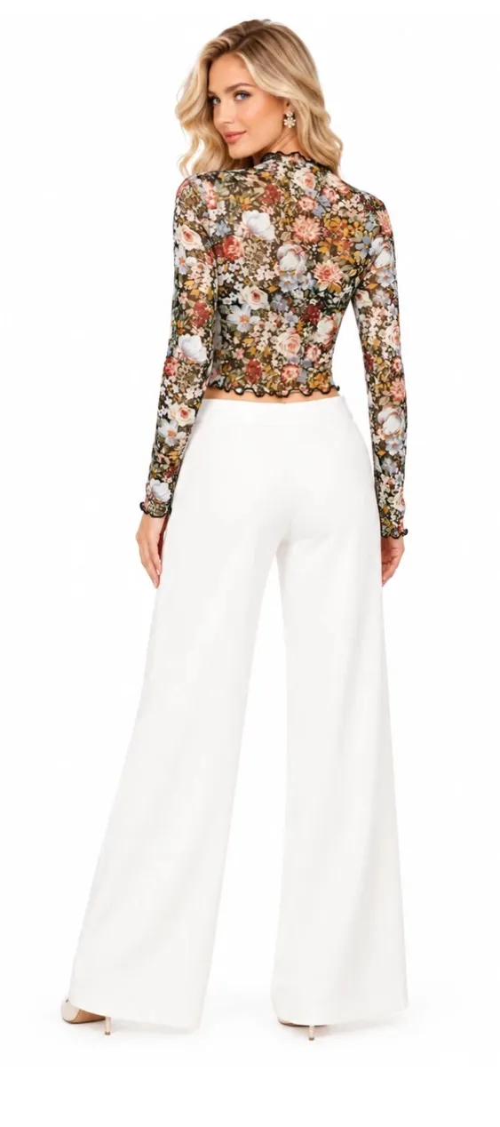 Alice + Olivia Floral Semi-Sheer Mock Neck Long Sleeve Cropped Mesh Top - Image 2