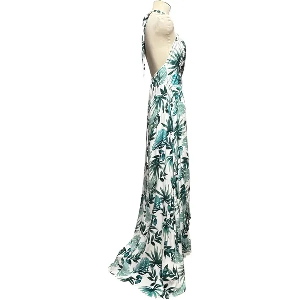 Lulus Marisha White Green Leaf Print Halter Wrap Dress Large - Image 5