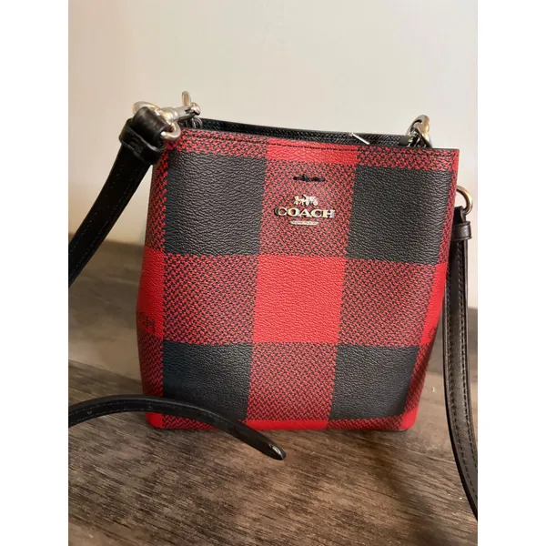 Coach Mini Town Bucket Bag Buffalo Plaid Red Black Crossbody C1548 - Image 4