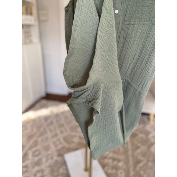 Ninexis Sage‎ Cotton Gauze Romper Collared Button Summer L Quiet Luxury Beachy - Image 5