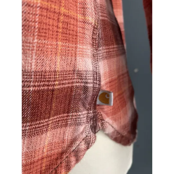 Carhartt Womens Plaid Hooded‎ Flannel Shirt Orange Burgundy Size M 8 10 - Image 3