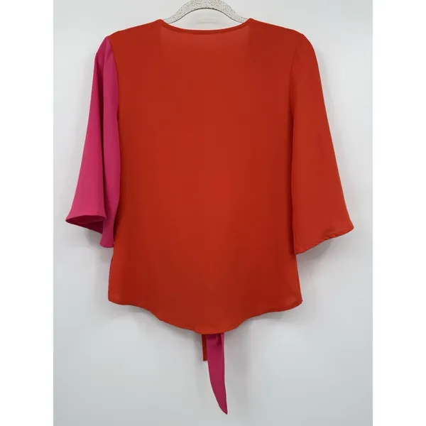 Hot Pink Orange Blouse V Neck Button Down Tie Knot Front Bell Sleeves Small Top - Image 4