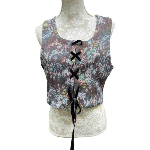 Source Unknown Ren Faire Reversible Tapestry Corset Vest Goblincore Cottagecore VTG Lace Up M - Image 4