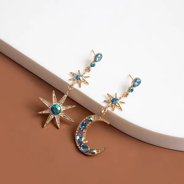 Asymmetrical Blue Crystal Star Moon Dangle Drop Earrings for Women - Image 3